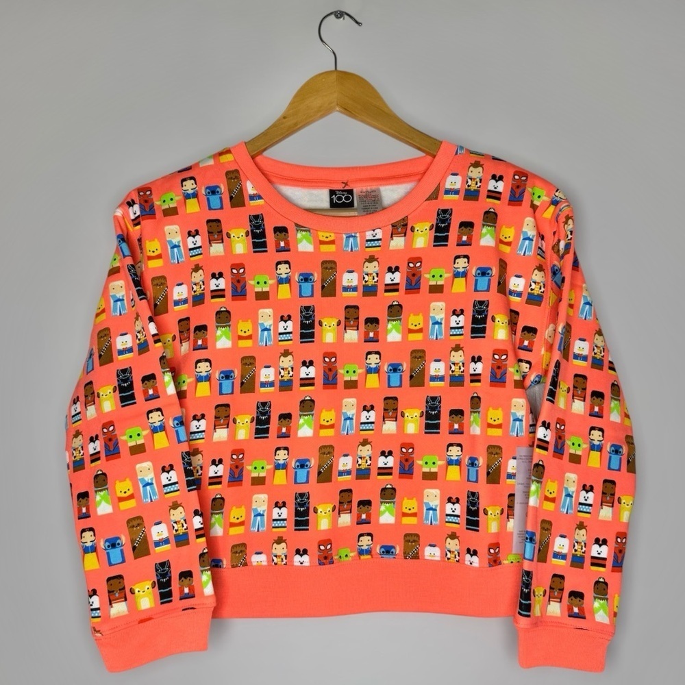 New Disney 100 Neon Orange Crewneck Sweater Kids Girls 9/10